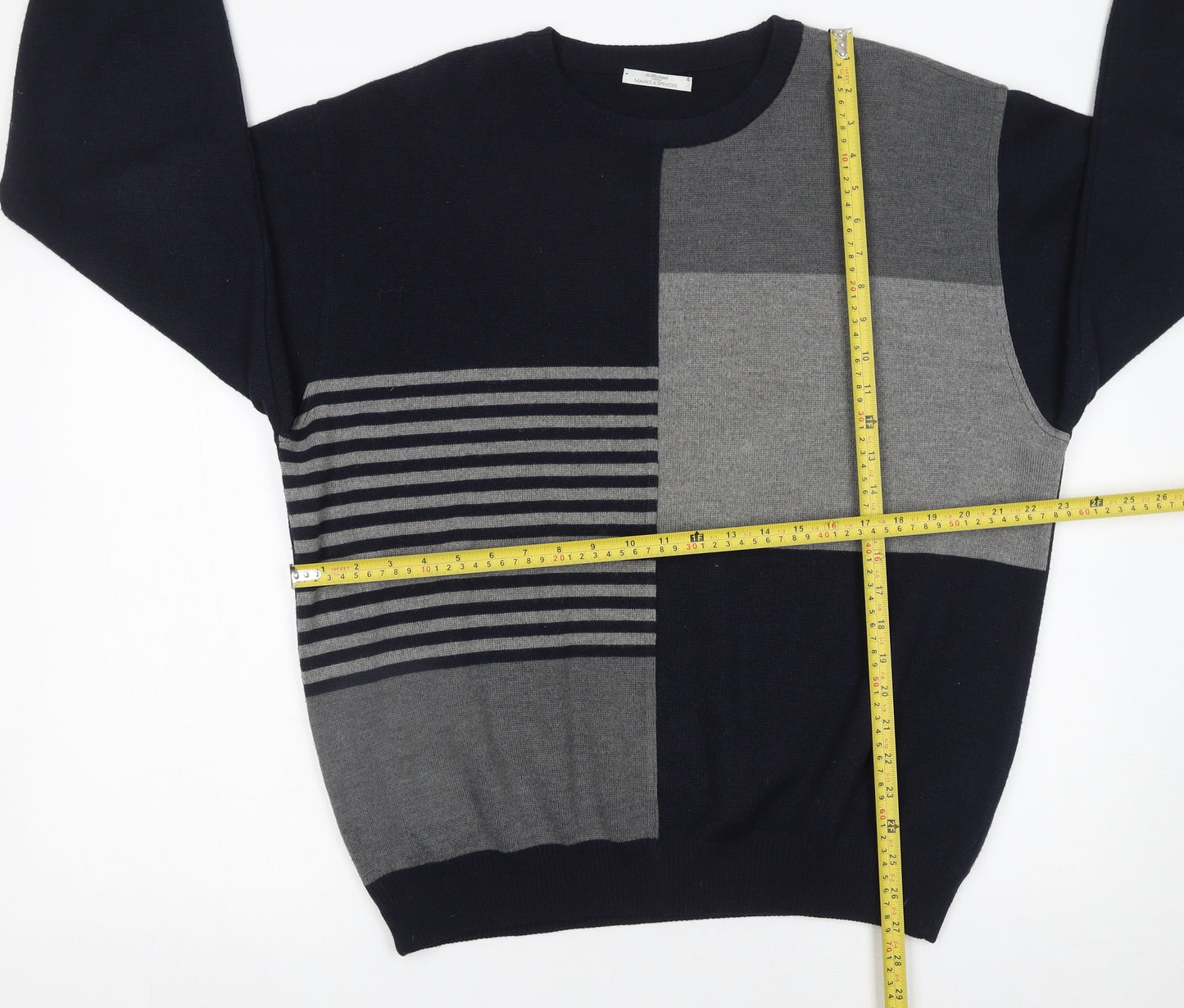 Marks and Spencer Men’s Grey Wool Blend Striped Crew Neck Jumper L