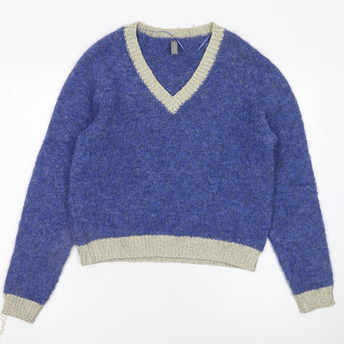 CULTURE Women's Blue V-Neck Chunky Knit Wool Blend Jumper XS