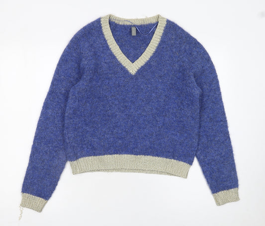 CULTURE Women's Blue V-Neck Chunky Knit Wool Blend Jumper XS