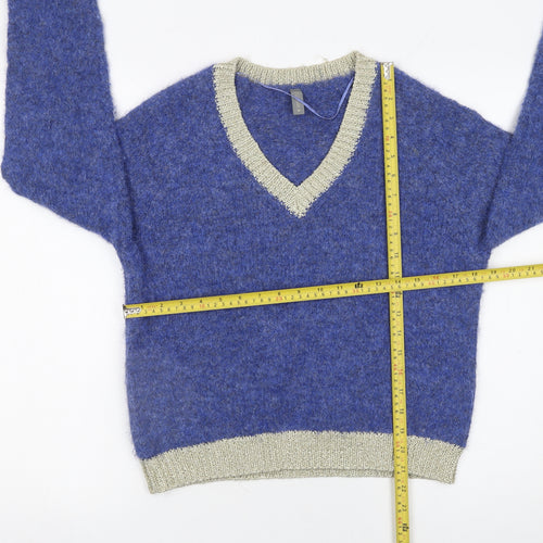 CULTURE Women's Blue V-Neck Chunky Knit Wool Blend Jumper XS