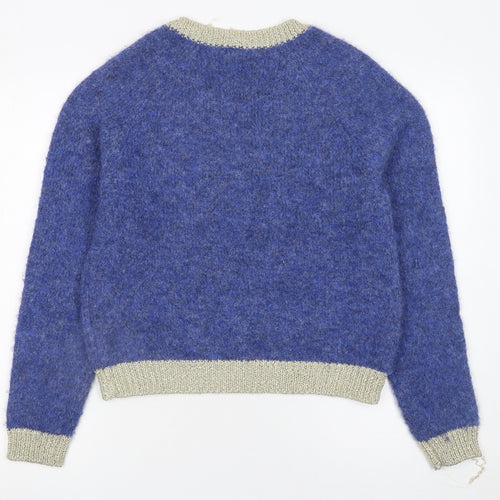 CULTURE Women's Blue V-Neck Chunky Knit Wool Blend Jumper XS