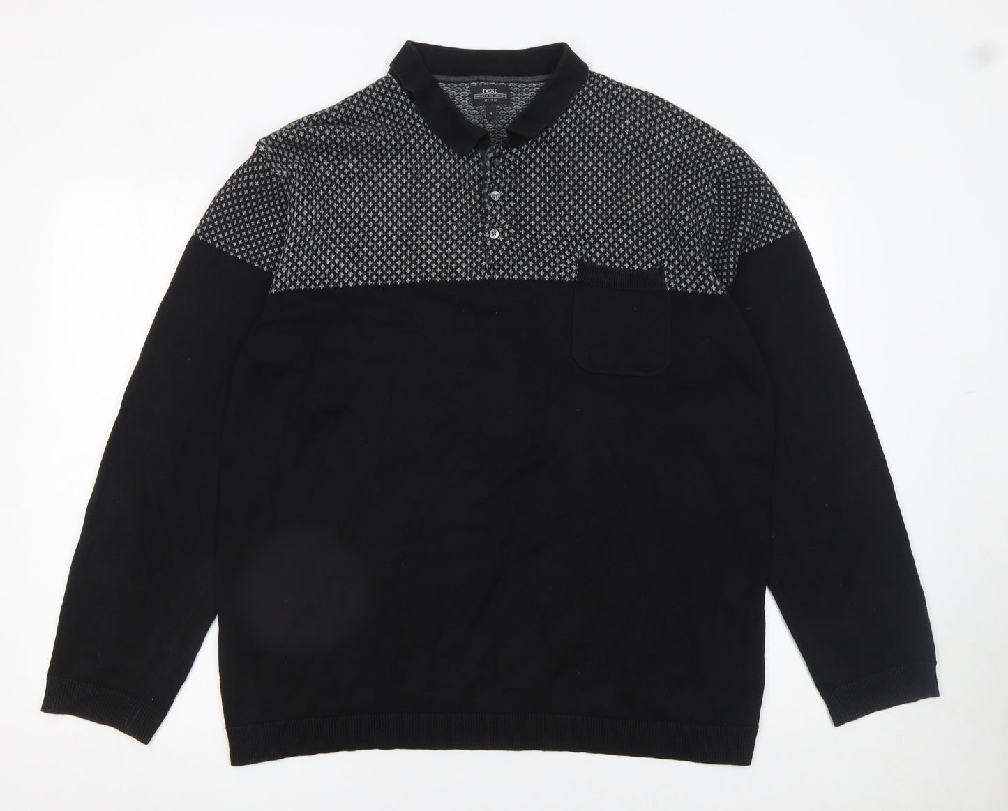 Next Men's Black XL Long Sleeve Geometric Knit Polo Shirt