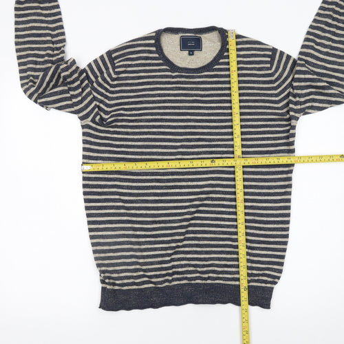 John Lewis Men's Blue Striped Cotton Crew Neck Jumper Size S