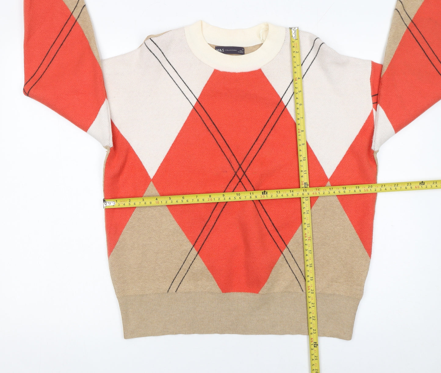 Marks and Spencer Women's Beige Argyle Crew Neck Jumper M