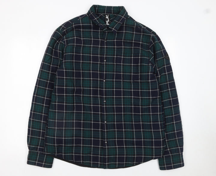 Replay Men's Blue Plaid Cotton Button-Up Long Sleeve Shirt Size L
