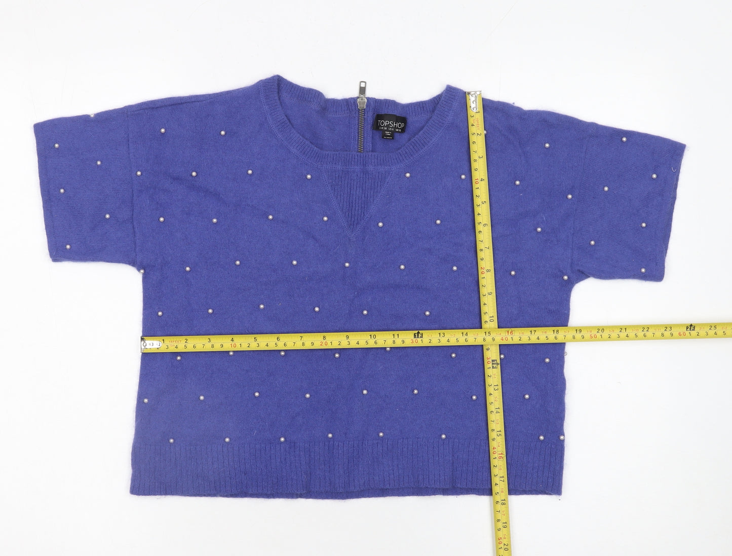 Topshop Women Purple Beaded Short Sleeve Knit Pullover Jumper Size 10