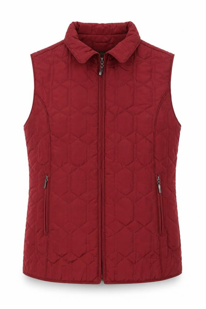 Front view of Grenouille Women's Red Quilted Lined Sleeveless Waistcoat, size 10