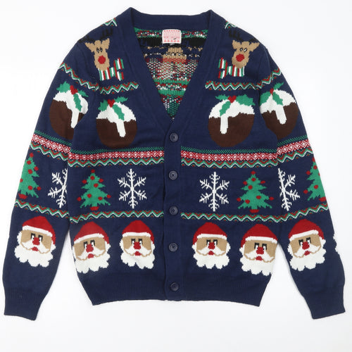 George Mens Blue Christmas Cardigan Medium Reindeer Santa Knit