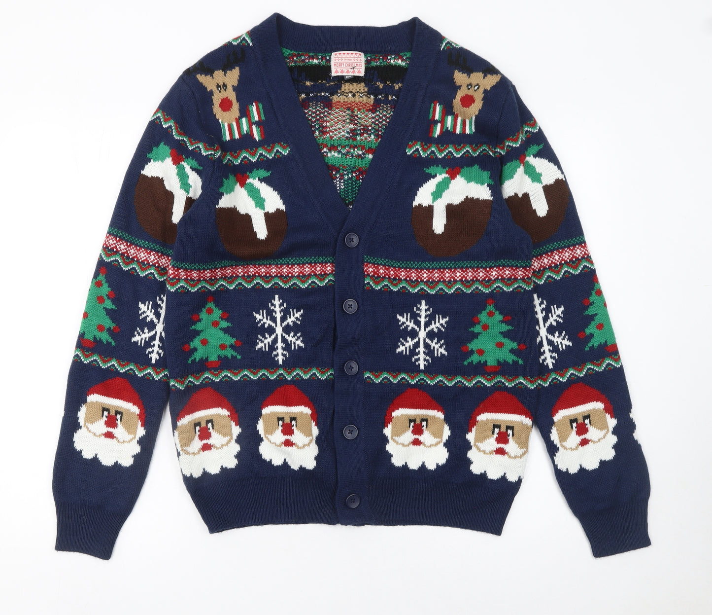 George Mens Blue Christmas Cardigan Medium Reindeer Santa Knit