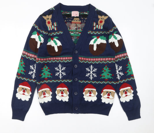 George Mens Blue Christmas Cardigan Medium Reindeer Santa Knit