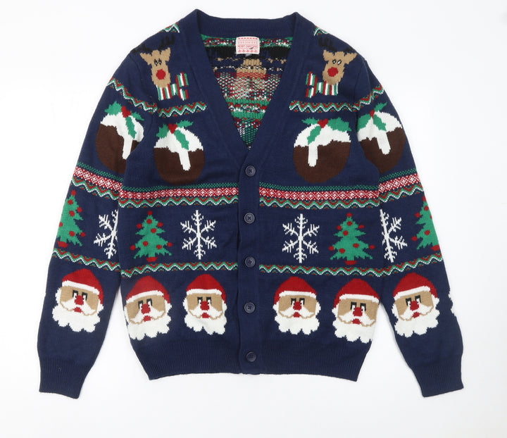George Mens Blue Christmas Cardigan Medium Reindeer Santa Knit