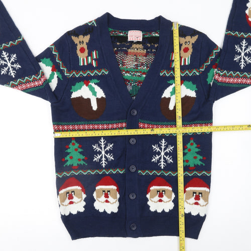 George Mens Blue Christmas Cardigan Medium Reindeer Santa Knit