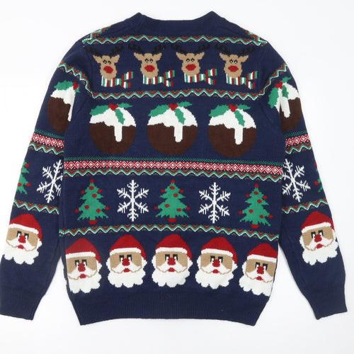 George Mens Blue Christmas Cardigan Medium Reindeer Santa Knit