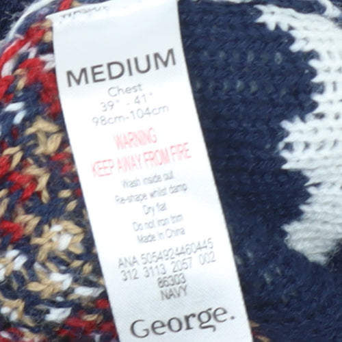 George Mens Blue Christmas Cardigan Medium Reindeer Santa Knit