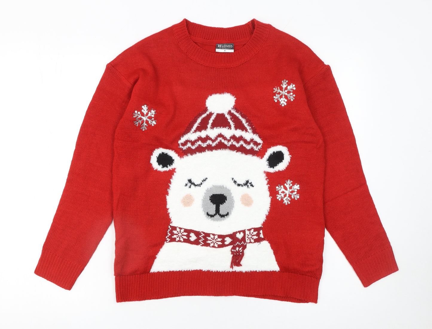 Beloved Women's Red Christmas Bear Sequin Knit Jumper Size S