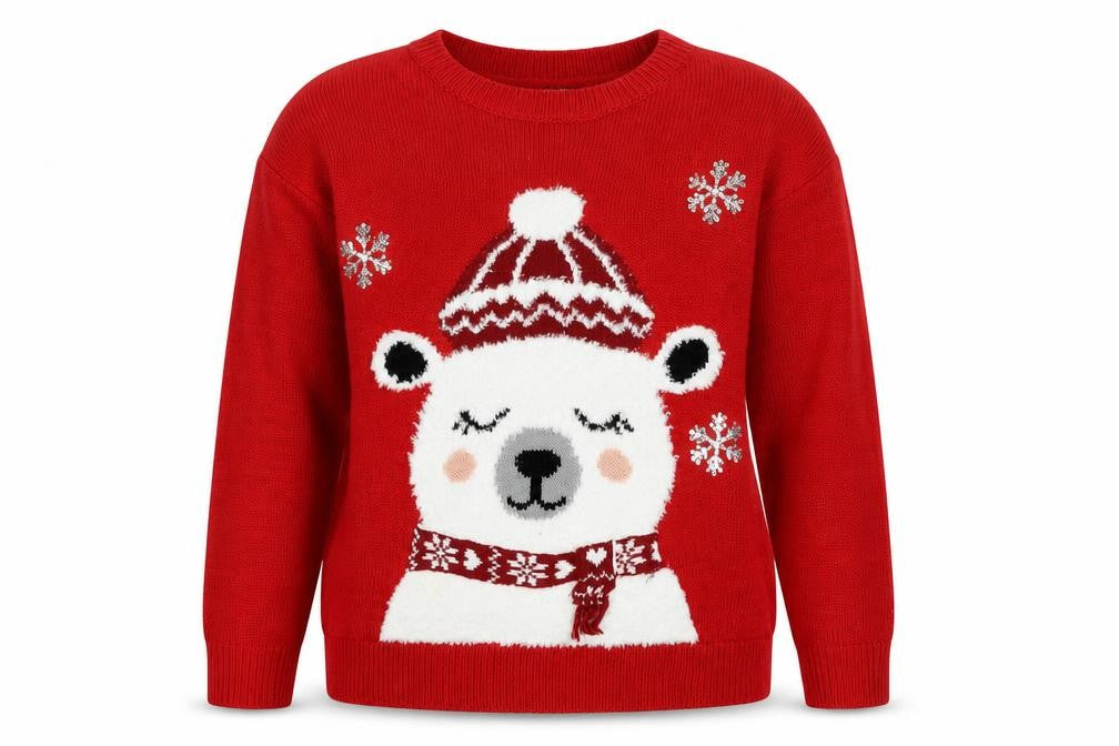 Front view of Beloved Women's Red Christmas Bear Sequin Knit Jumper, size S