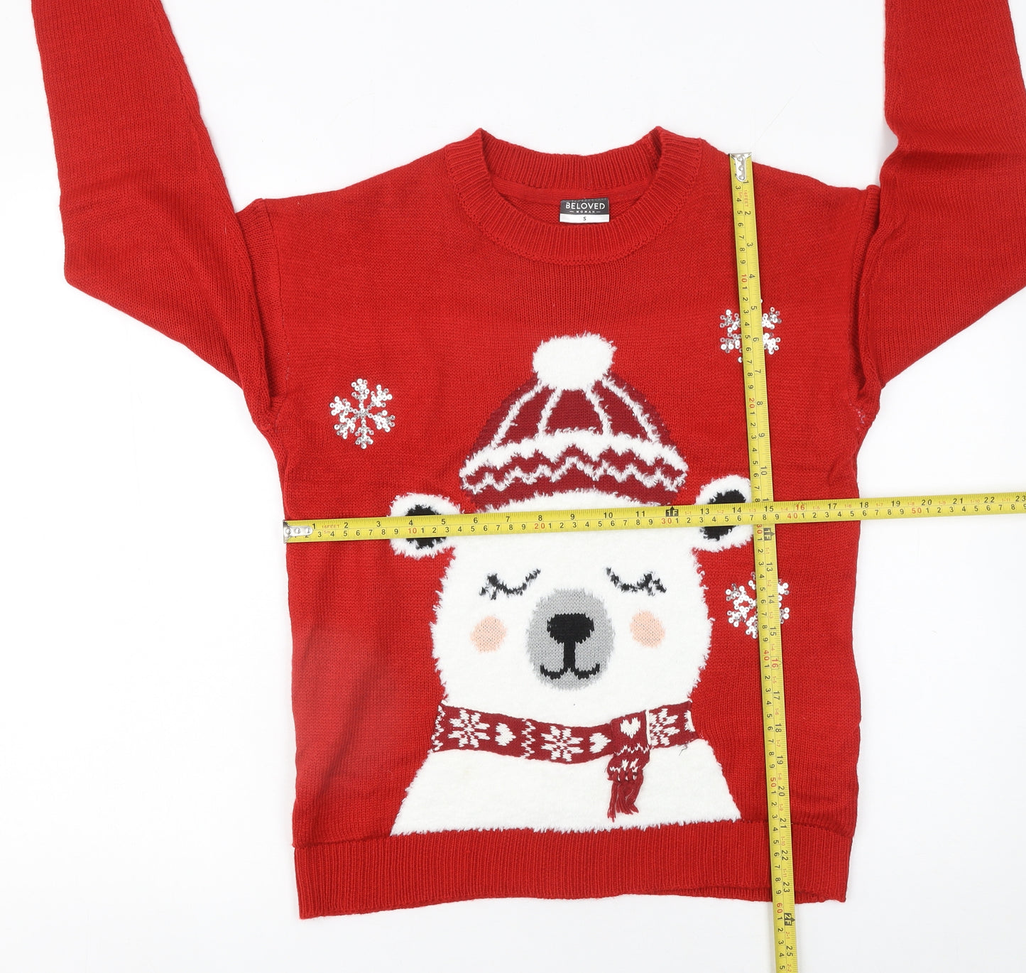 Beloved Women's Red Christmas Bear Sequin Knit Jumper Size S