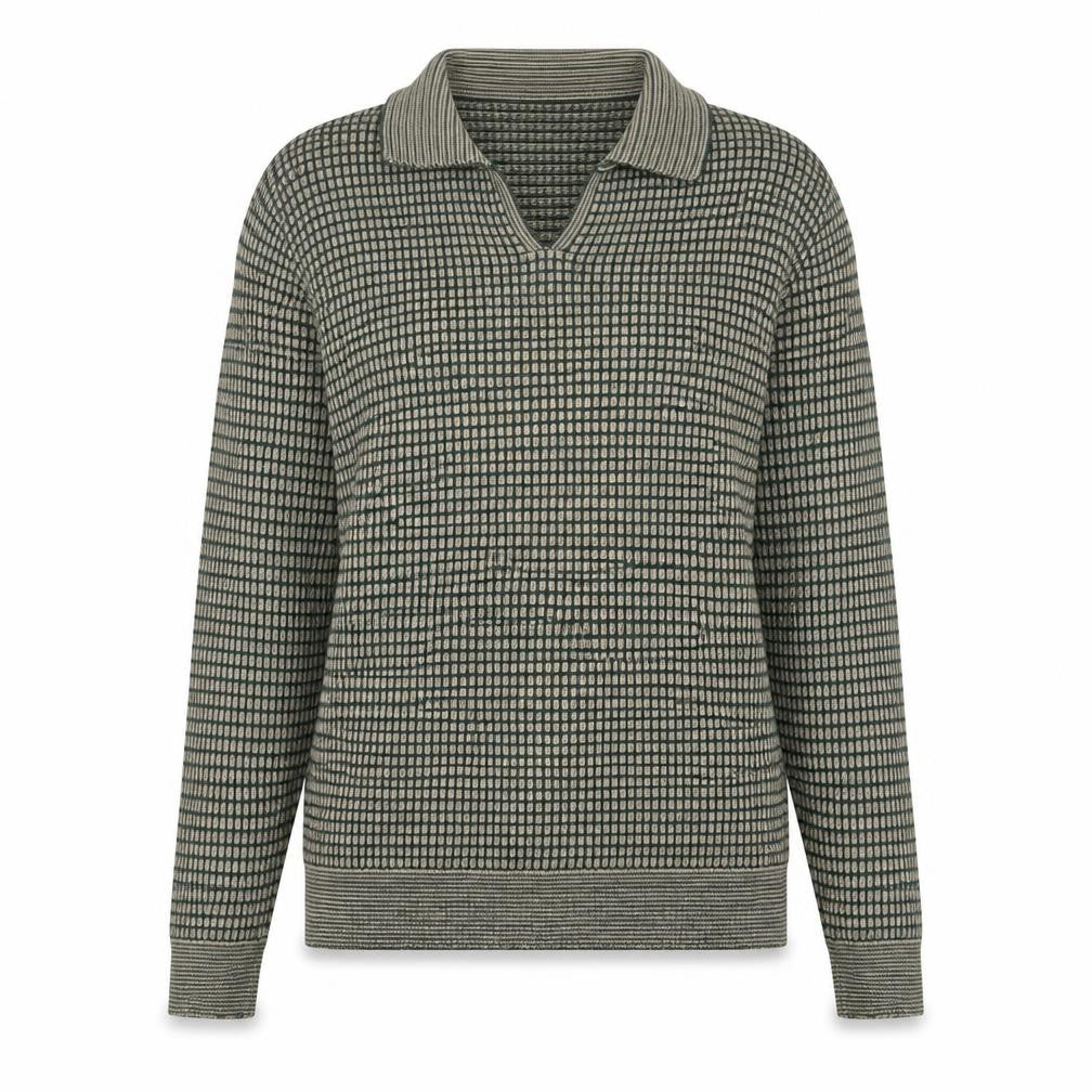 Front view of Jaeger women’s green collared wool jumper, size UK 10