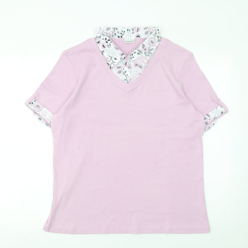 Damart Women Pink Floral Collar V-Neck Cotton T-Shirt Size L