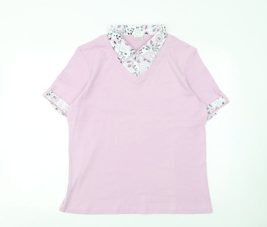 Damart Women Pink Floral Collar V-Neck Cotton T-Shirt Size L