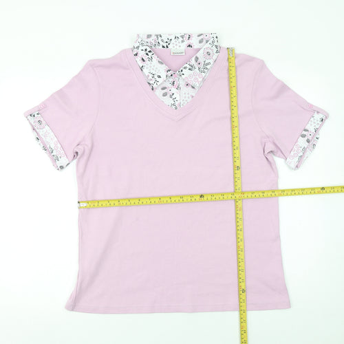 Damart Women Pink Floral Collar V-Neck Cotton T-Shirt Size L