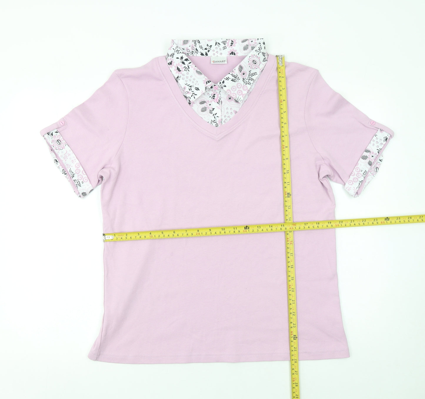 Damart Women Pink Floral Collar V-Neck Cotton T-Shirt Size L