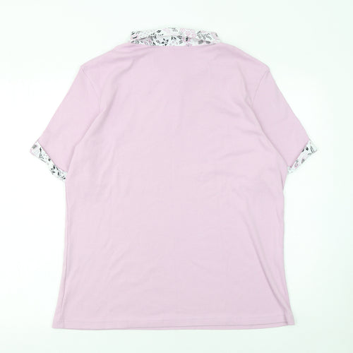 Damart Women Pink Floral Collar V-Neck Cotton T-Shirt Size L