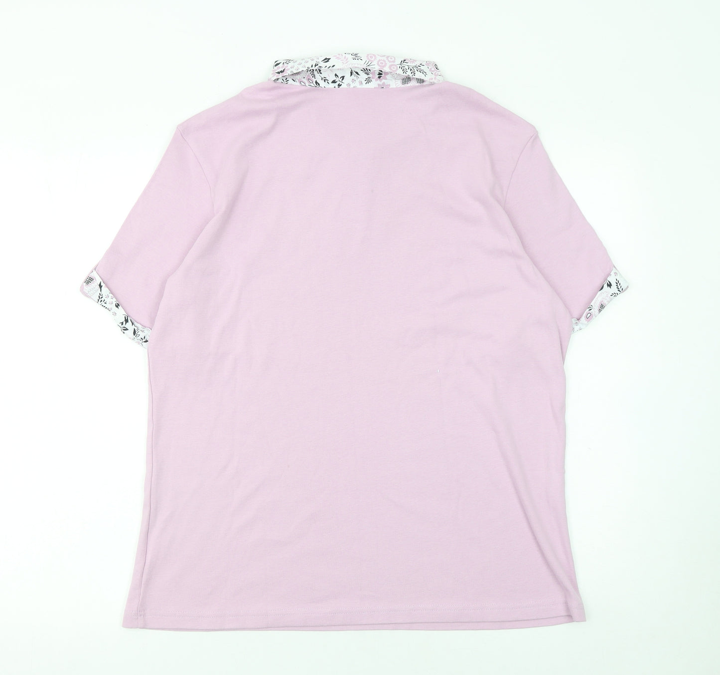Damart Women Pink Floral Collar V-Neck Cotton T-Shirt Size L