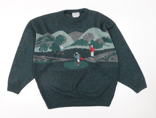 NICO Men Green Golf Scene Acrylic Knit Jumper XL Vintage Pullover