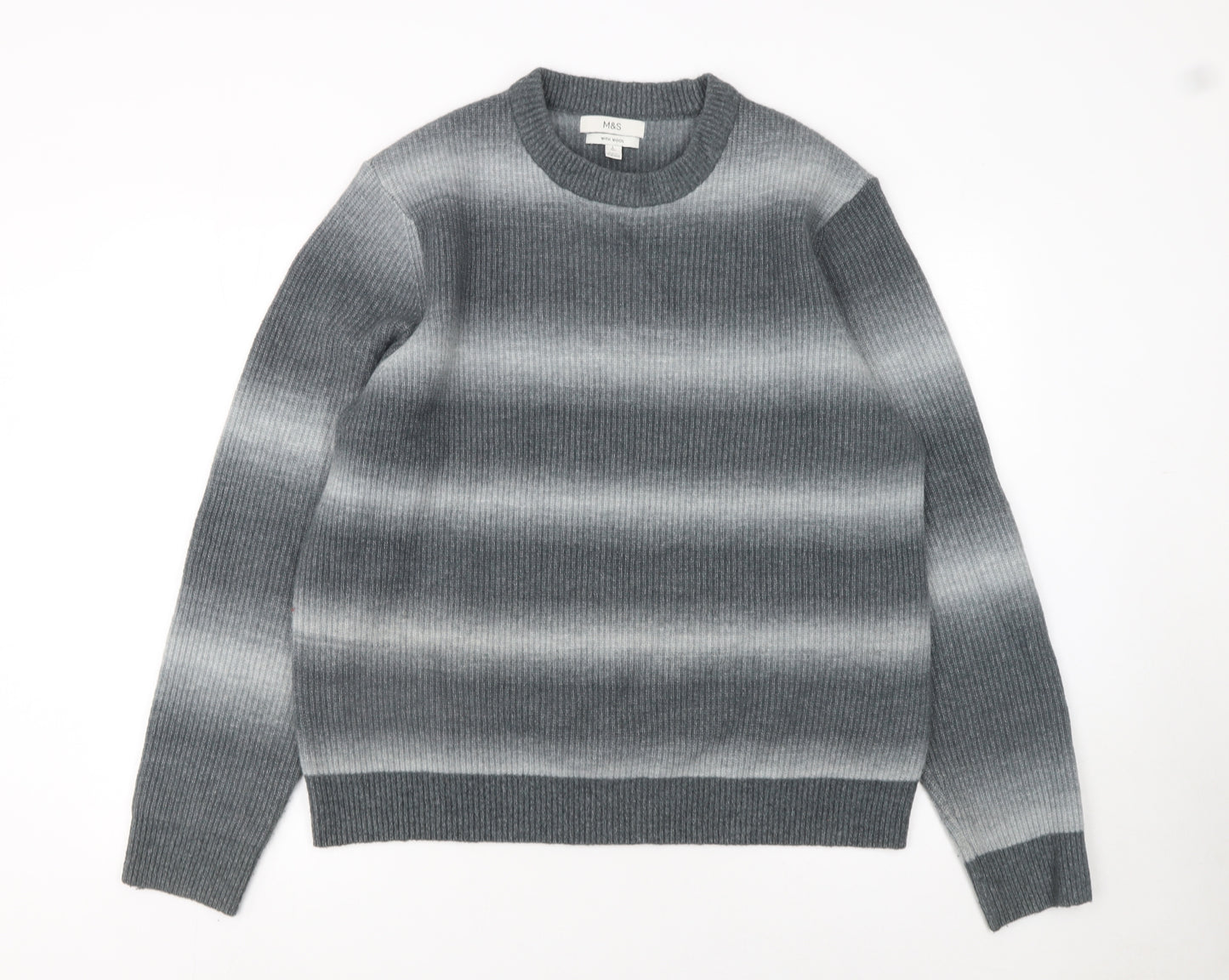 Marks and Spencer Men's Grey Wool Blend Ribbed Pullover Jumper L