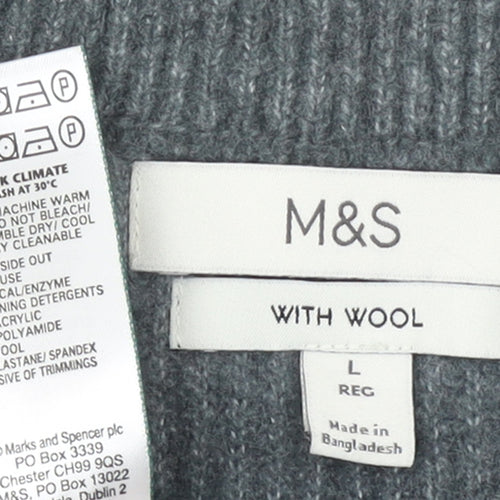 Marks and Spencer Men's Grey Wool Blend Ribbed Pullover Jumper L