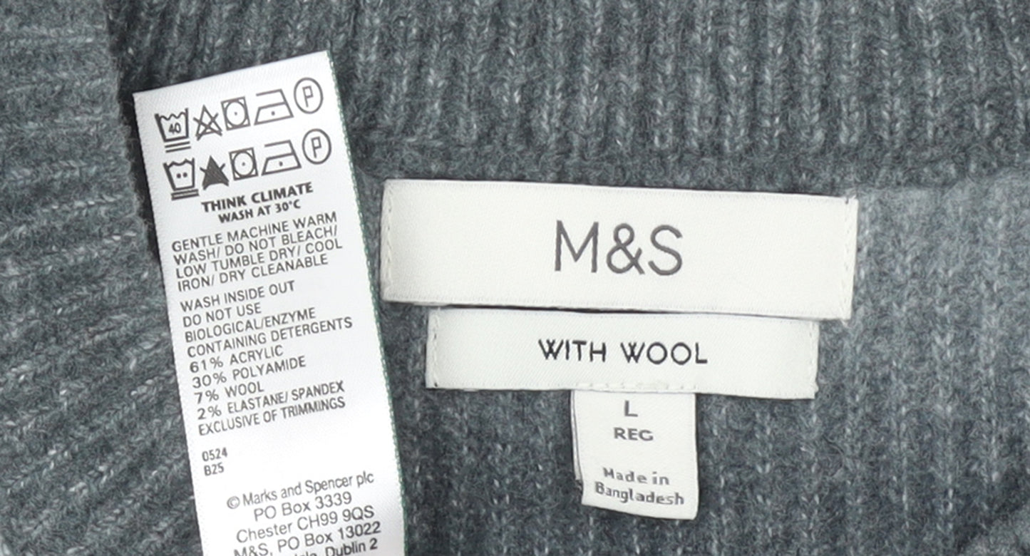 Marks and Spencer Men's Grey Wool Blend Ribbed Pullover Jumper L