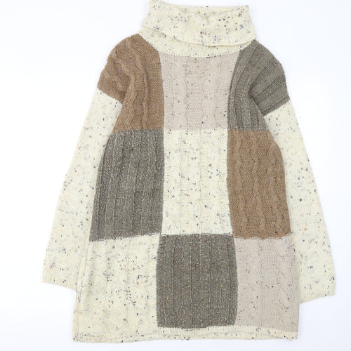 Canda Women's Beige Patchwork Roll Neck Cable-Knit Jumper Size S