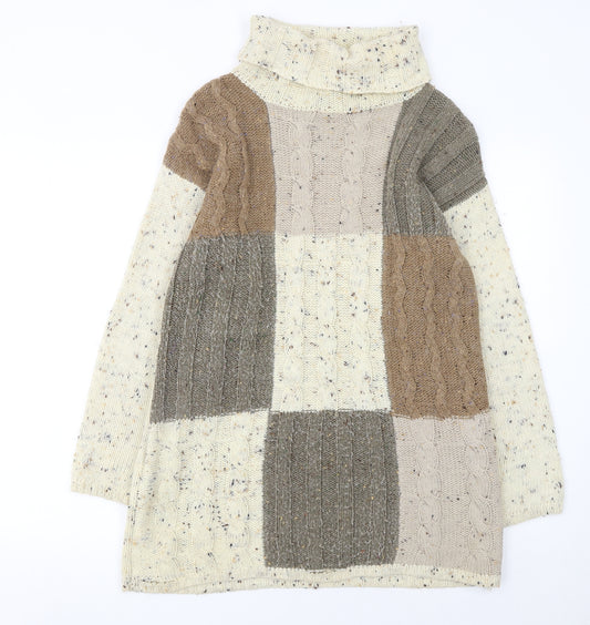 Canda Women's Beige Patchwork Roll Neck Cable-Knit Jumper Size S