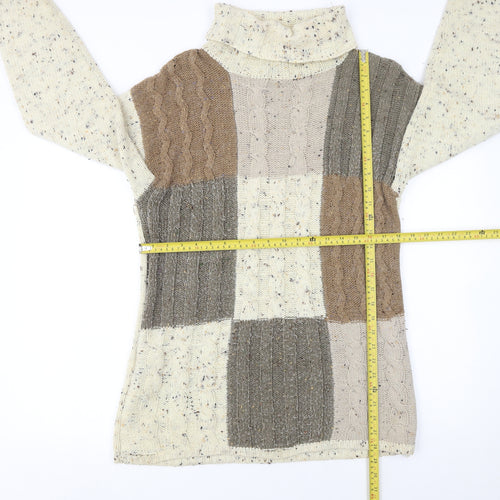 Canda Women's Beige Patchwork Roll Neck Cable-Knit Jumper Size S