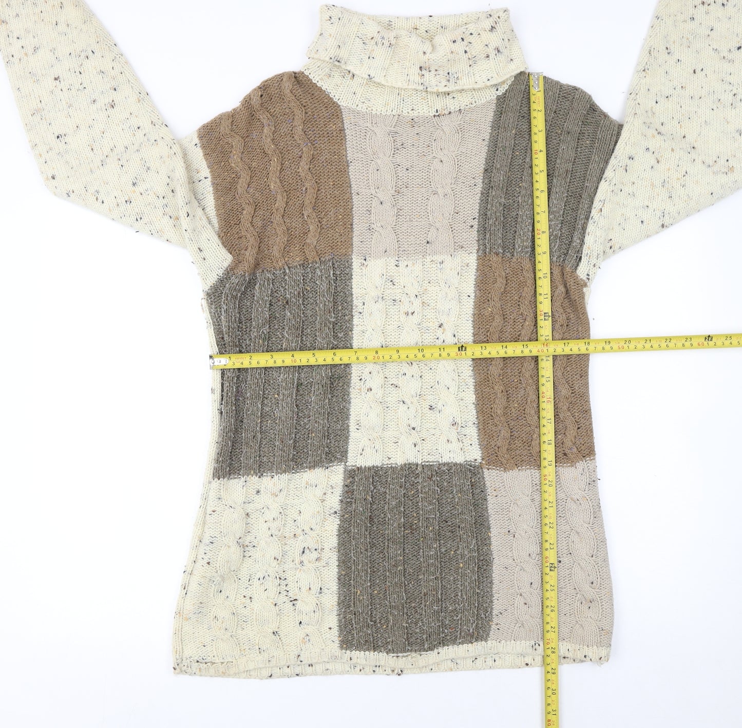 Canda Women's Beige Patchwork Roll Neck Cable-Knit Jumper Size S