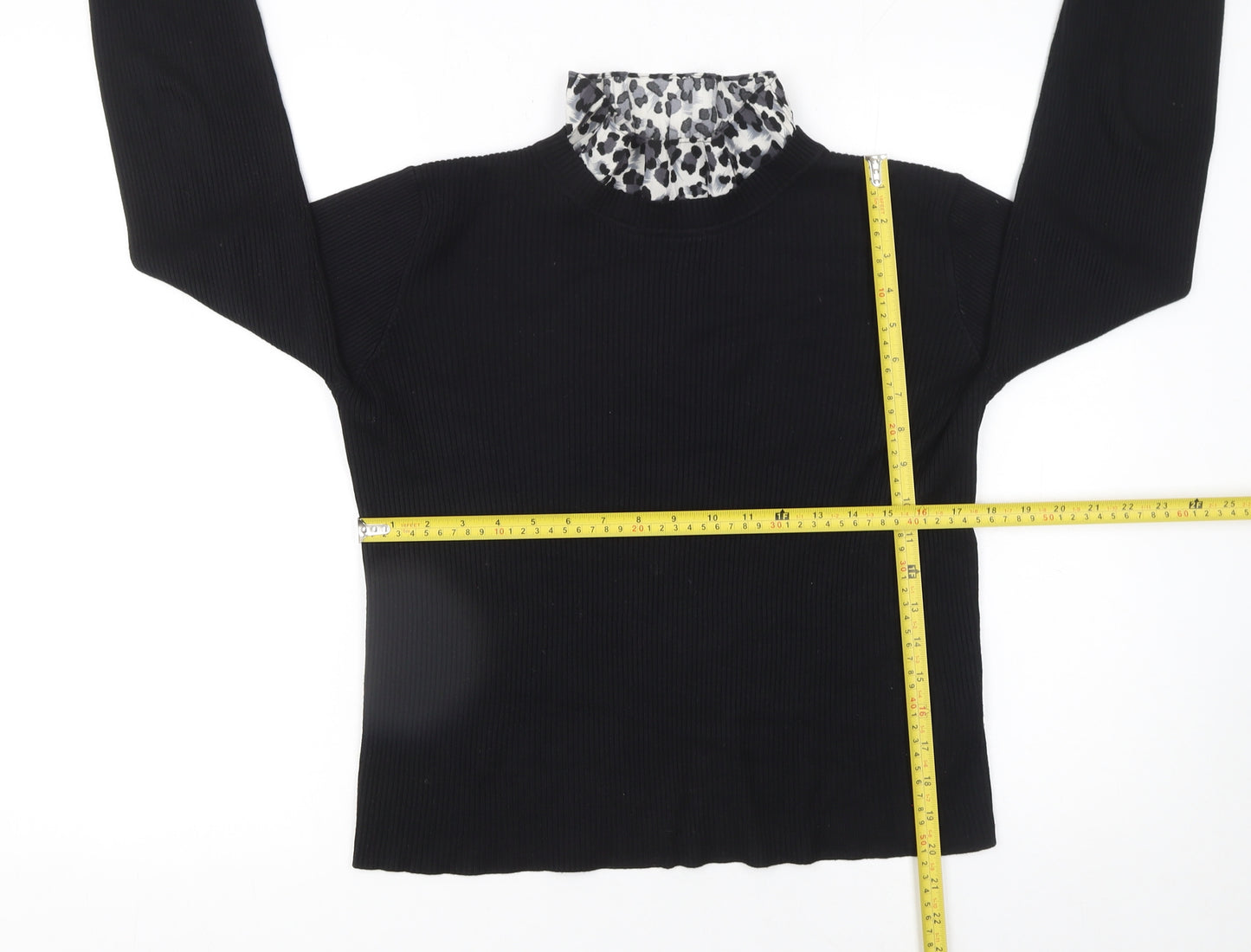 New Look Women Black Leopard Trim Mock Neck Pullover Jumper Size 18