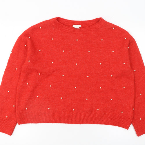 H&M Women Red Beaded Crew Neck Wool Blend Jumper Size 12
