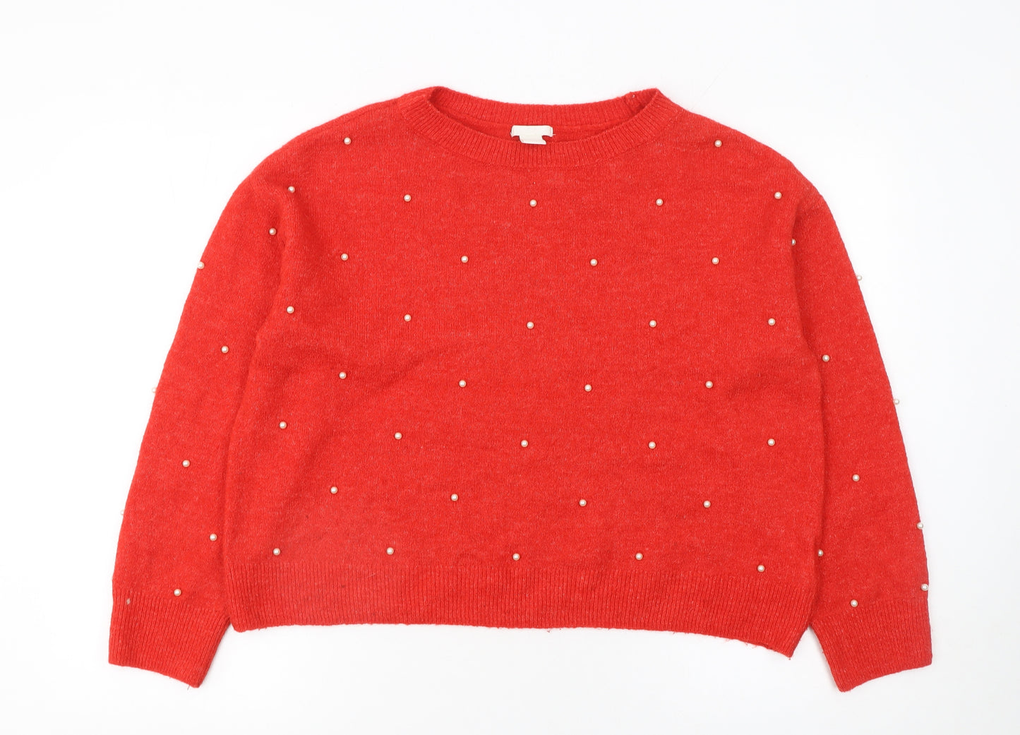 H&M Women Red Beaded Crew Neck Wool Blend Jumper Size 12