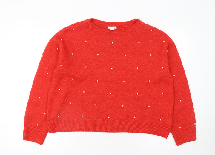 H&M Women Red Beaded Crew Neck Wool Blend Jumper Size 12