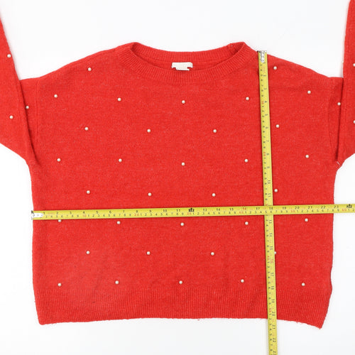 H&M Women Red Beaded Crew Neck Wool Blend Jumper Size 12