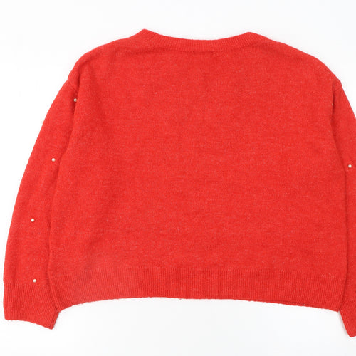 H&M Women Red Beaded Crew Neck Wool Blend Jumper Size 12