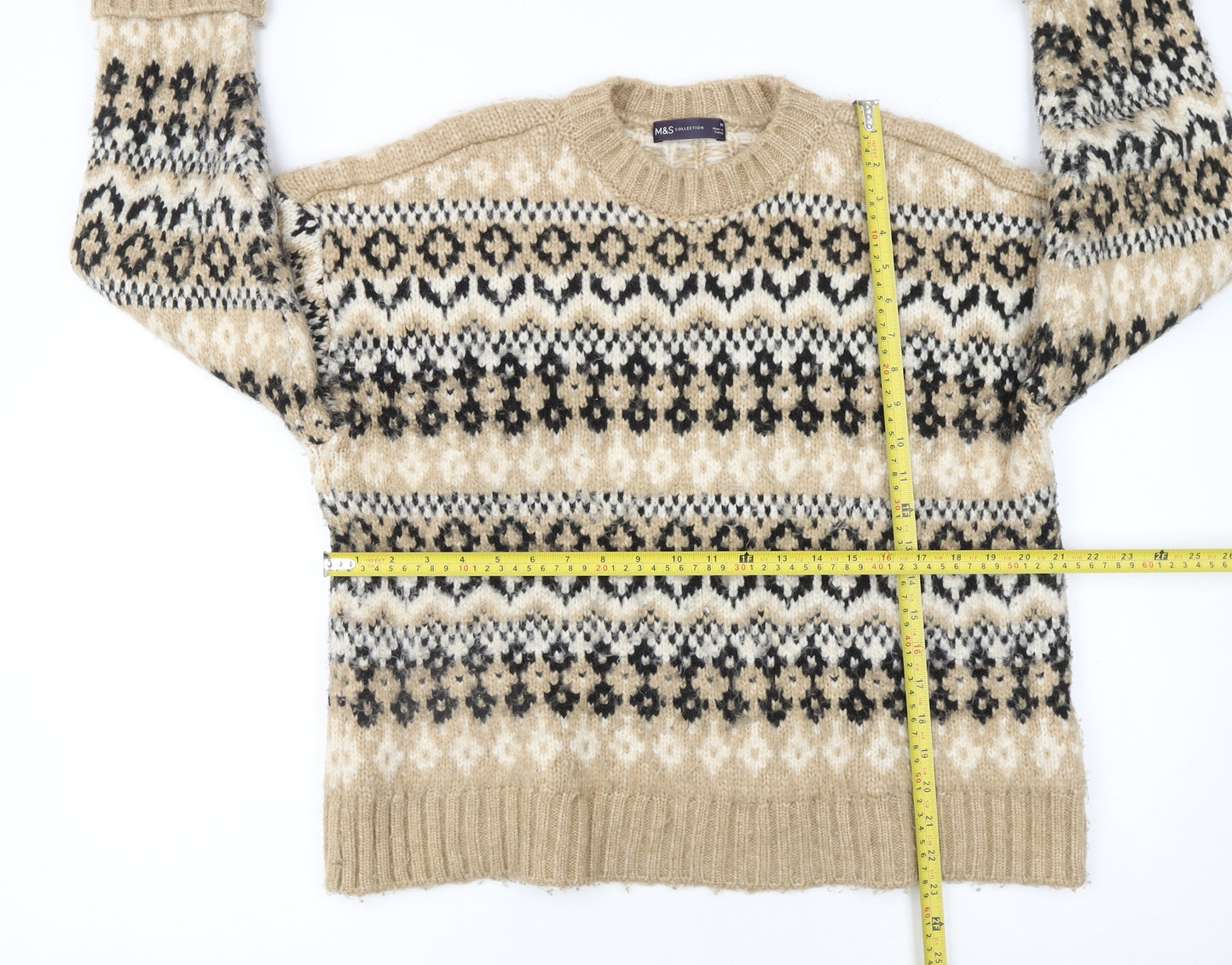 Marks and Spencer Women Beige Fair Isle Chunky Knit Jumper M