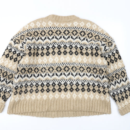 Marks and Spencer Women Beige Fair Isle Chunky Knit Jumper M
