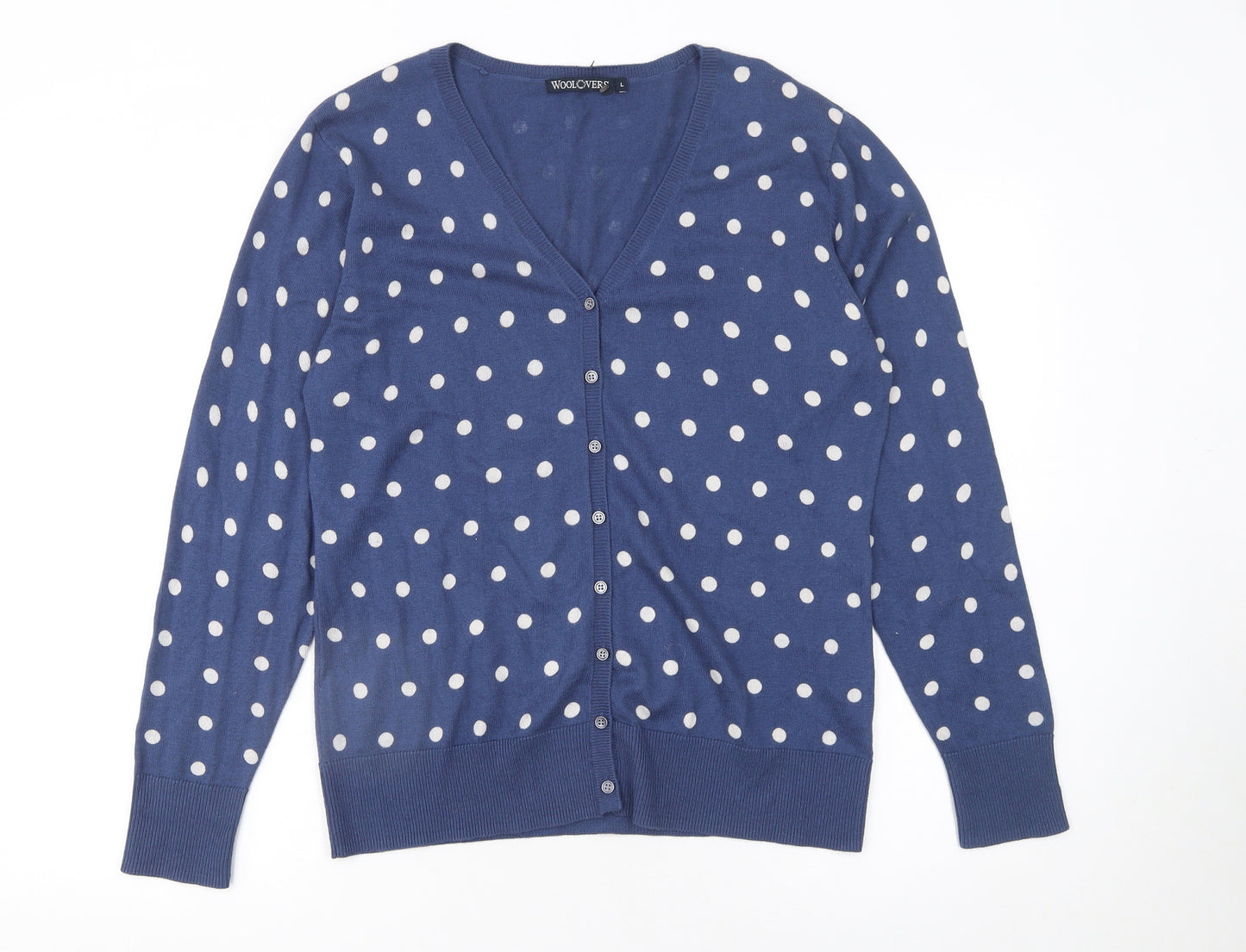 Woolovers Women Blue Polka Dot V-Neck Cotton Silk Cardigan L