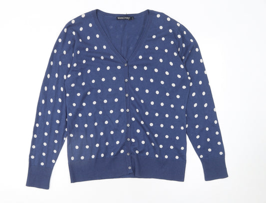 Woolovers Women Blue Polka Dot V-Neck Cotton Silk Cardigan L