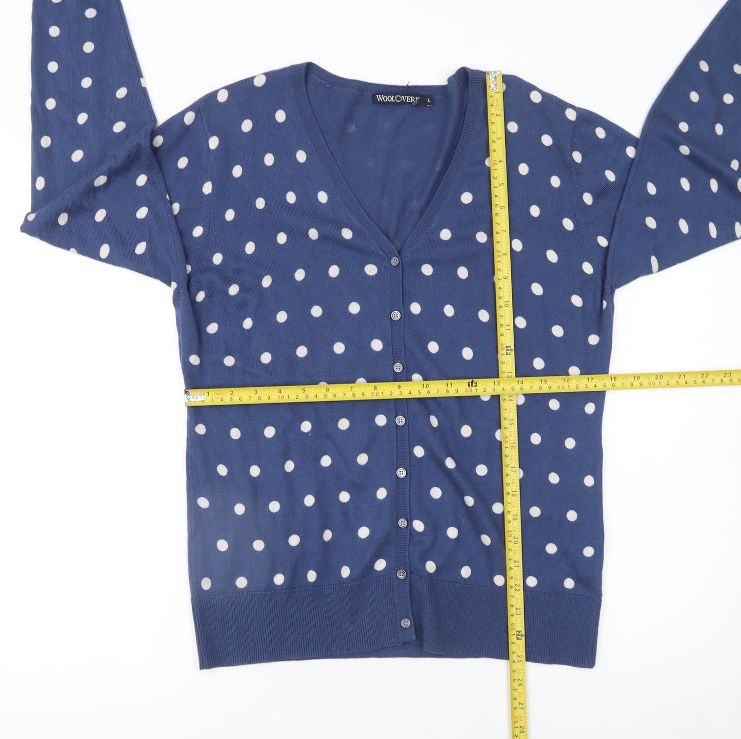 Woolovers Women Blue Polka Dot V-Neck Cotton Silk Cardigan L
