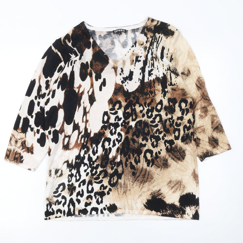 Casamia Womens Beige Animal Print V-Neck 3/4 Sleeve Pullover Jumper L