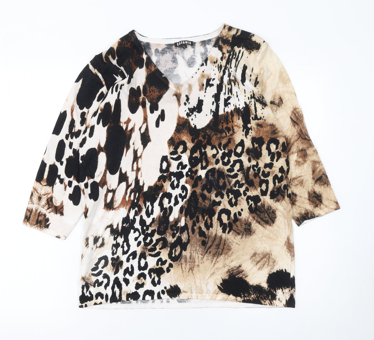 Casamia Womens Beige Animal Print V-Neck 3/4 Sleeve Pullover Jumper L