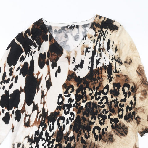 Casamia Womens Beige Animal Print V-Neck 3/4 Sleeve Pullover Jumper L